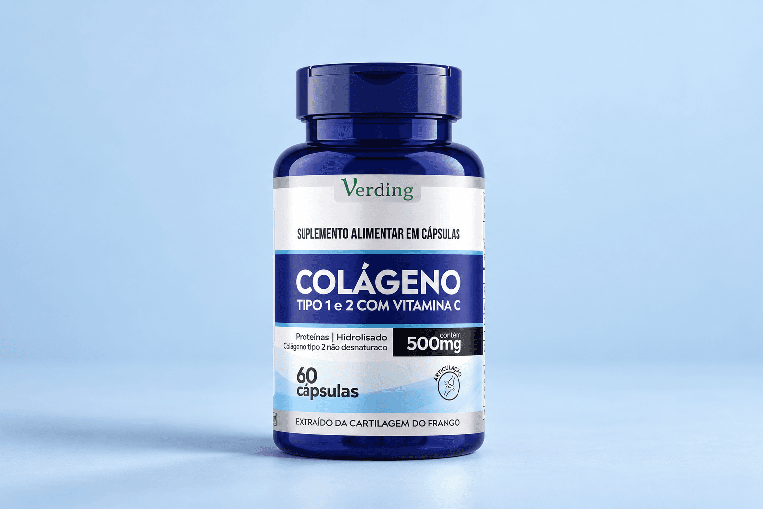 Frasco azul de Colágeno Verding em composição de estúdio com luz suave