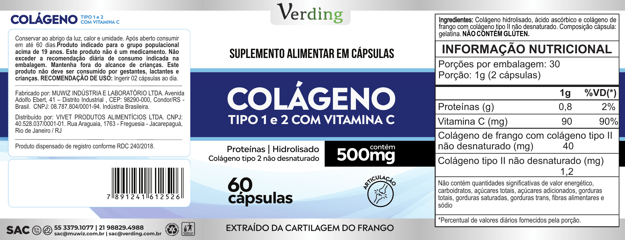 Rótulo do Colágeno Verding com ingredientes e informação nutricional